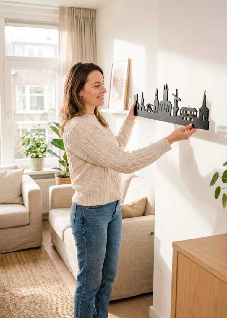 Houten skyline aan de muur in een woonkamer