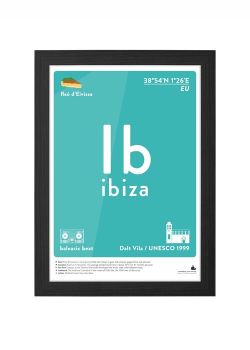 ibiza typografie poster ingelijst in zwarte lijst
