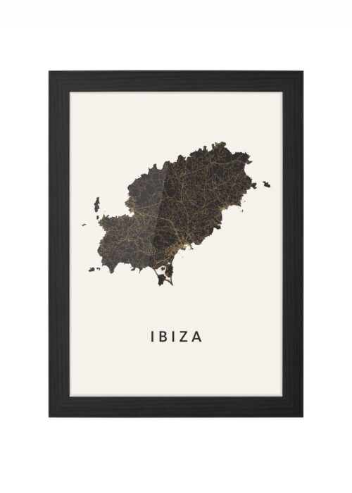 Ibiza Eilandkaart Khaki Poster ingelijst in zwarte lijst