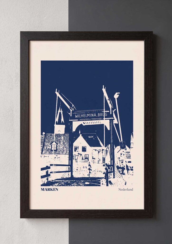 Stillorange illustratie van Marken met de Wilhelminabrug en houten huizen aan het water