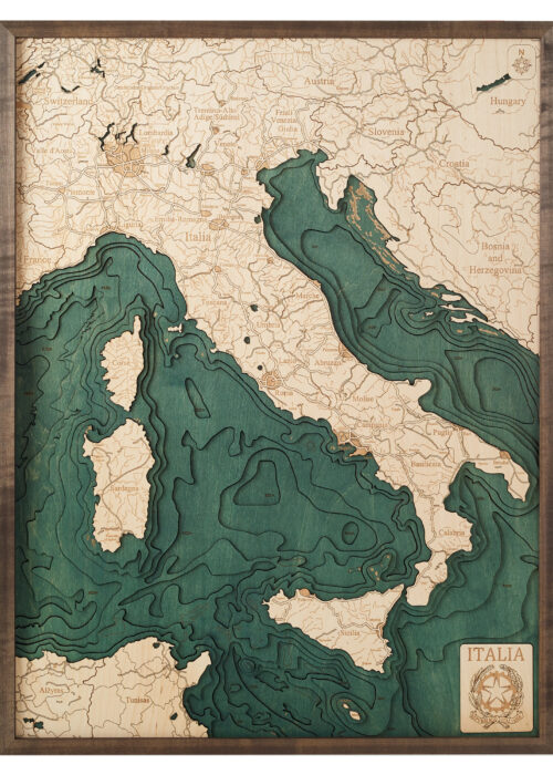 Italy 3D Reliëf Wandkaart van hout - 61,0 x 81,0 x 6,0 cm