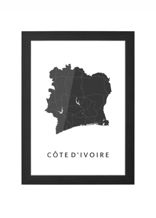 côte d'ivoire landkaart poster ingelijst in zwarte lijst