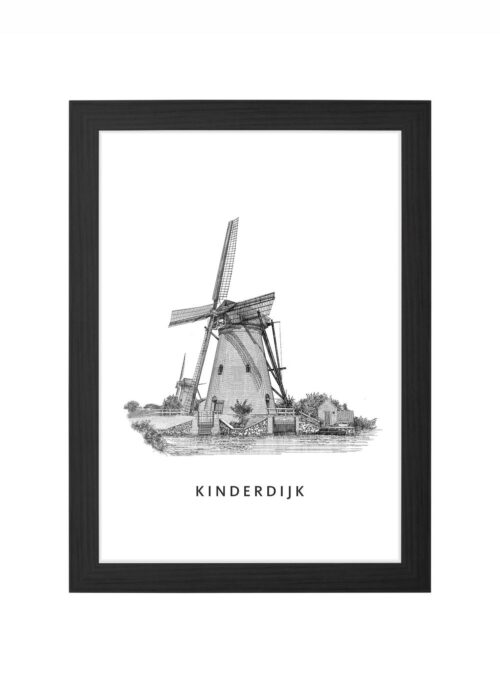 kinderdijk lijntekening poster ingelijst in zwarte lijst