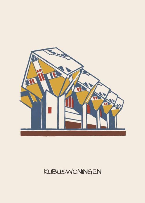 Kubuswoningen in Rotterdam als handgetekende poster in linosnede-stijl
