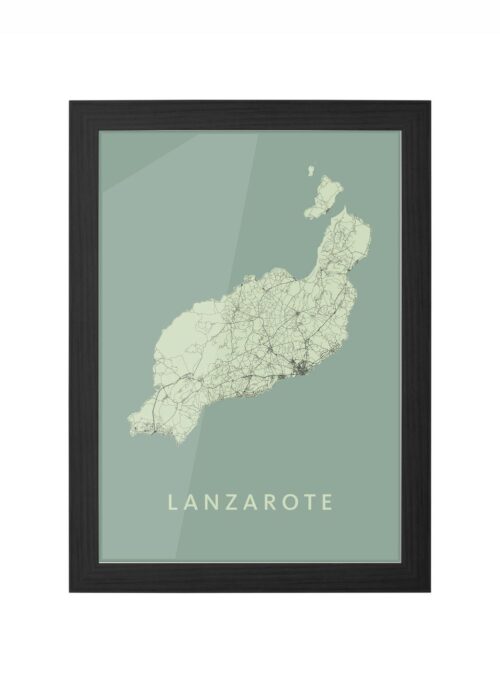 Lanzarote eilandkaart Plattegrond Poster Olive ingelijst in zwarte lijst