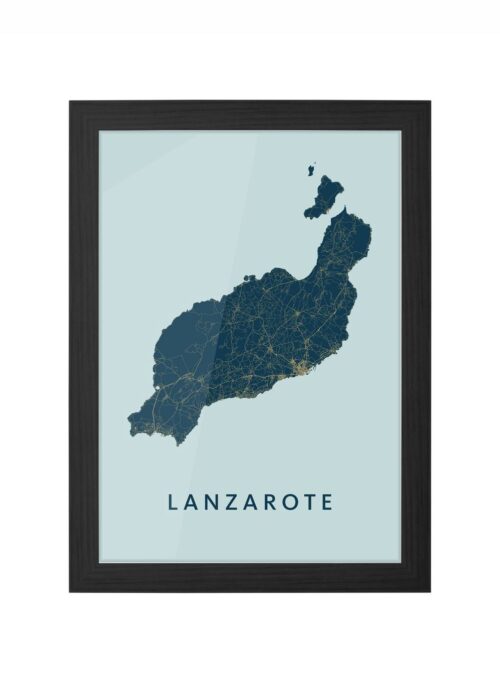 Lanzarote eilandkaart Plattegrond Poster Prussian ingelijst in zwarte lijst