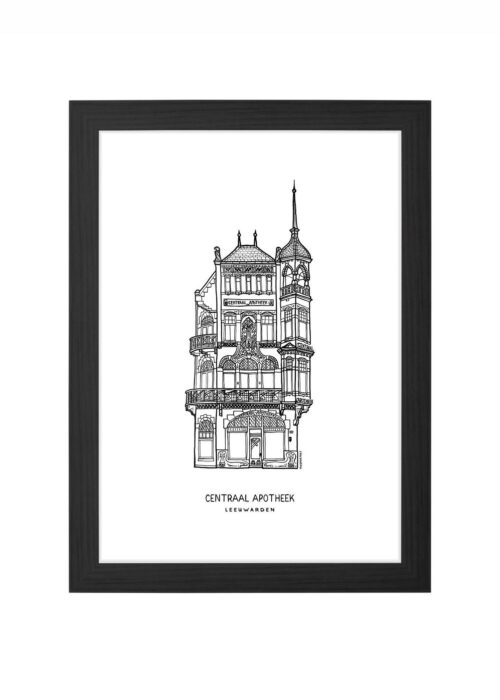 centraal apotheek lijntekening poster ingelijst in zwarte lijst