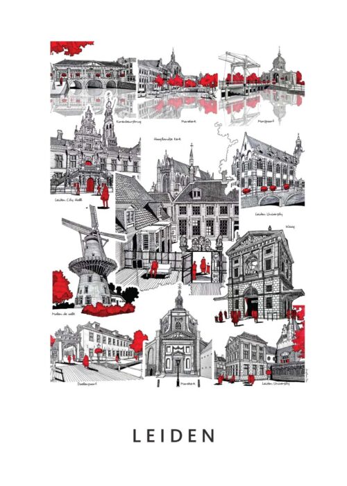 Stadsschets van Leiden lijntekening print
