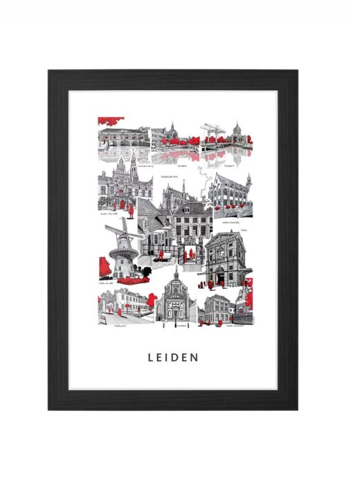 stadsschets van leiden lijntekening poster ingelijst in zwarte lijst