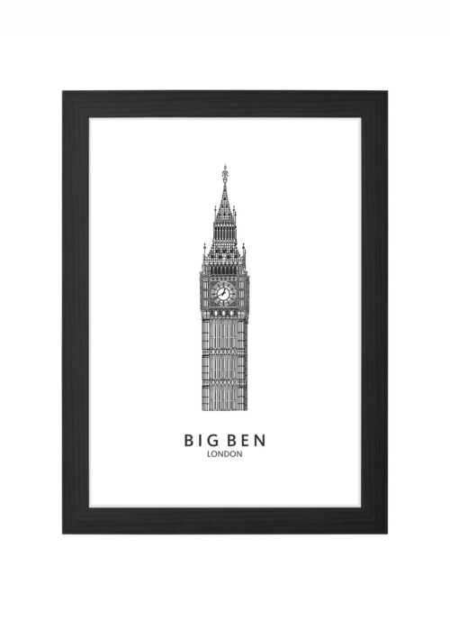 big ben lijntekening poster ingelijst in zwarte lijst