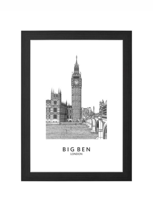 big ben lijntekening poster ingelijst in zwarte lijst