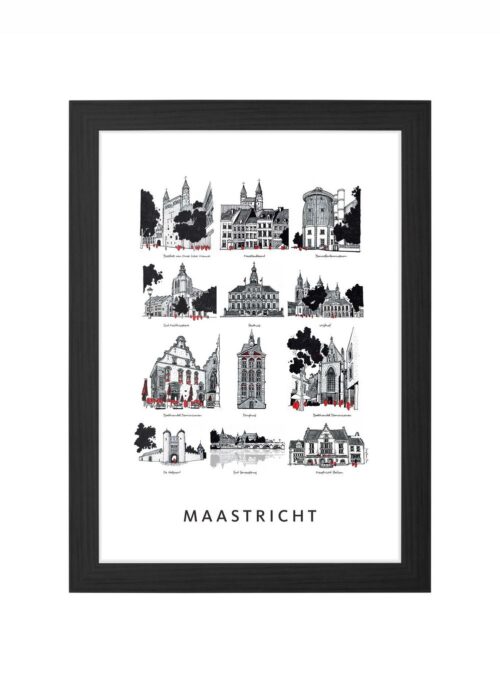 stadsschets van maastricht lijntekening poster ingelijst in zwarte lijst