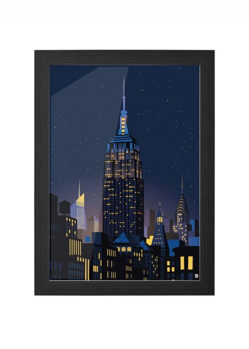 new york - manhathan by night stadsgezicht poster ingelijst in zwarte lijst