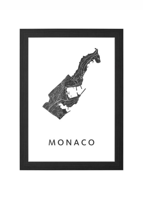 monaco landkaart poster ingelijst in zwarte lijst
