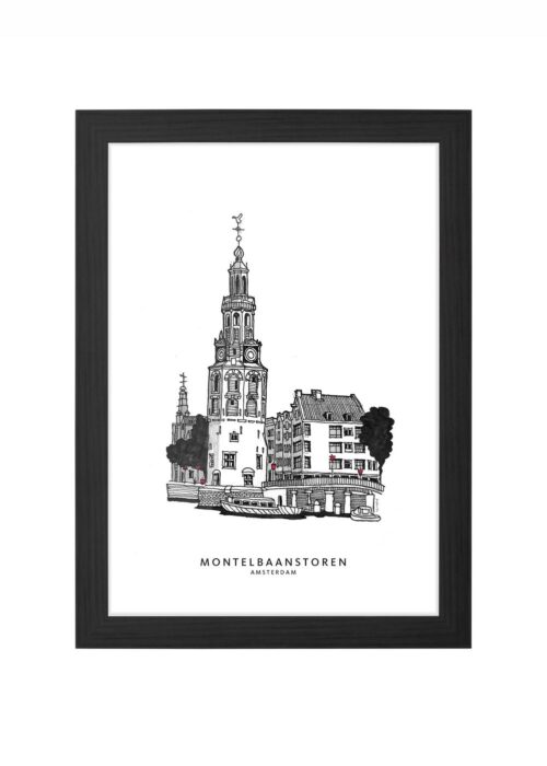montelbaanstoren lijntekening poster ingelijst in zwarte lijst