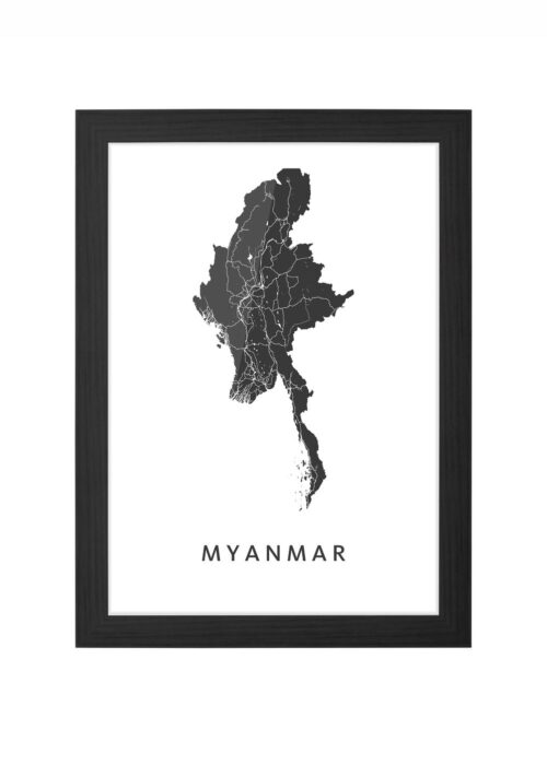 myanmar landkaart poster ingelijst in zwarte lijst
