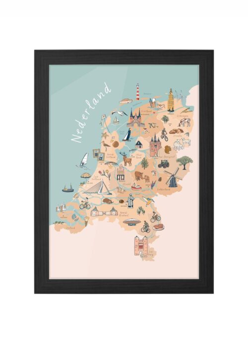 Geïllustreerde kinderkamer poster - Nederland ingelijst in zwarte lijst