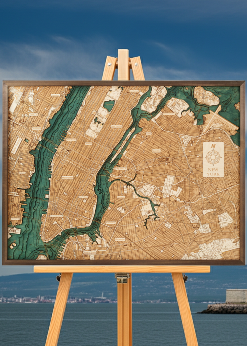 New York 3D Reliëf Wandkaart van hout - Versie L