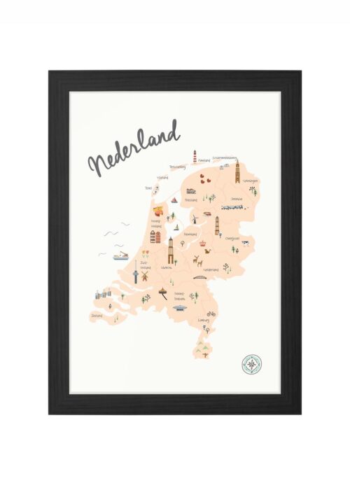 Nederland Poster Kinderkamer - Beige ingelijst in zwarte lijst