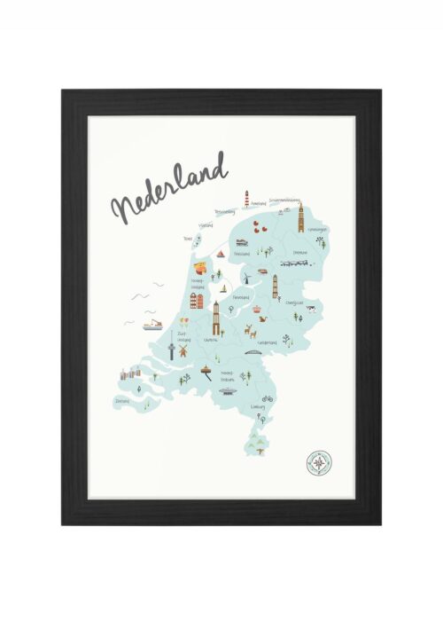 Nederland Poster Kinderkamer - Blauw ingelijst in zwarte lijst
