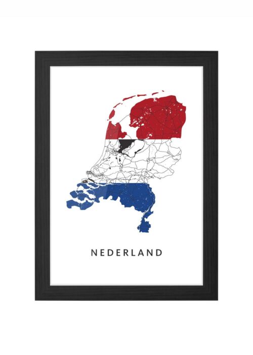 Nederland Landkaart Plattegrond - Landvlag - Poster ingelijst in zwarte lijst