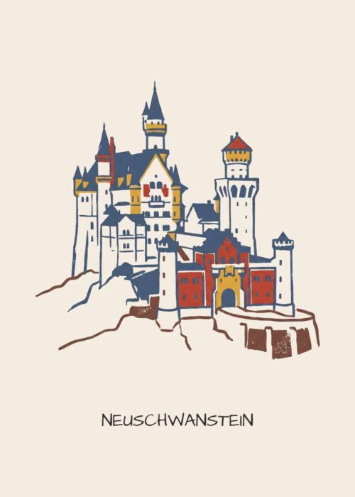 Slot Neuschwanstein in Beieren als handgetekende poster in linosnede-stijl