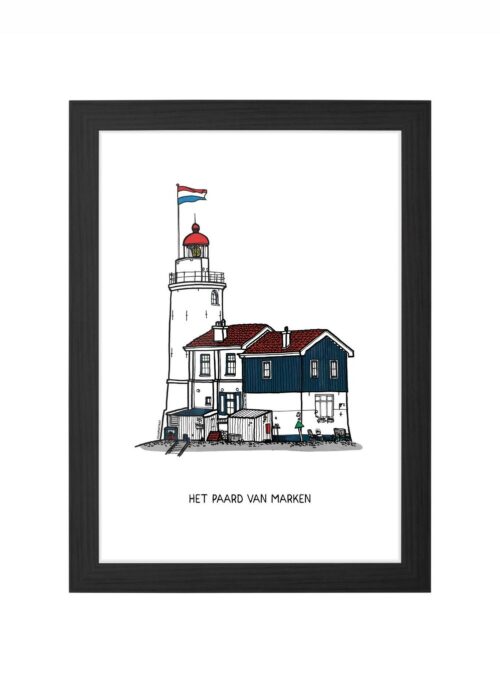 het paard van marken lijntekening poster ingelijst in zwarte lijst