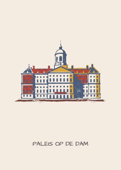 Paleis op de Dam in Amsterdam als handgetekende poster in linosnede-stijl