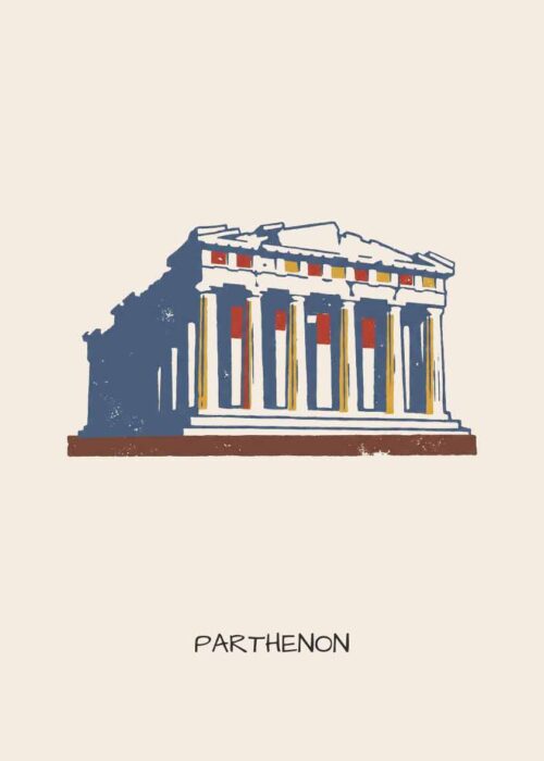 Parthenon in Athene als handgetekende poster in linosnede-stijl