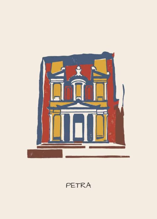 Petra in Jordanië als handgetekende poster in linosnede-stijl