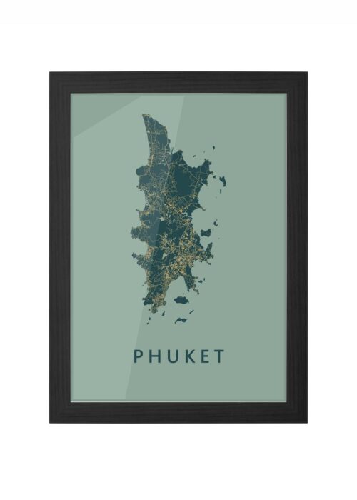Phuket Eilandkaart Poster ingelijst in zwarte lijst