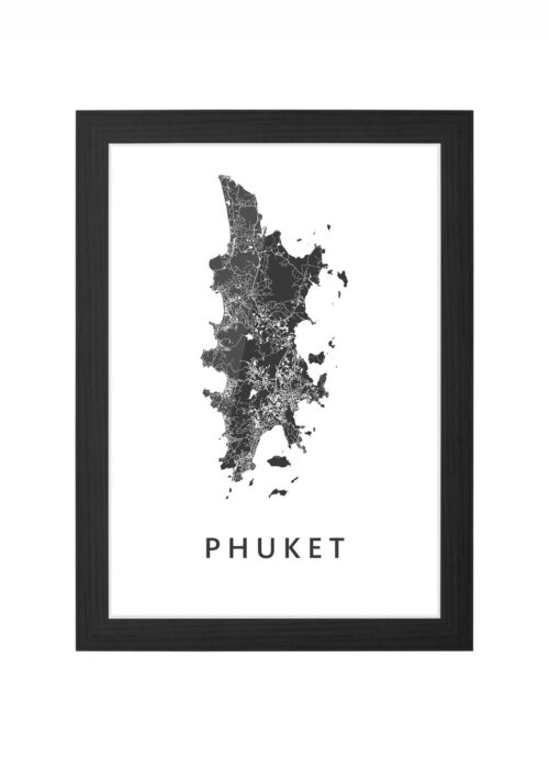 Phuket Eilandkaart Poster ingelijst in zwarte lijst