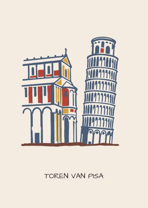 Toren van Pisa als handgetekende poster in linosnede-stijl