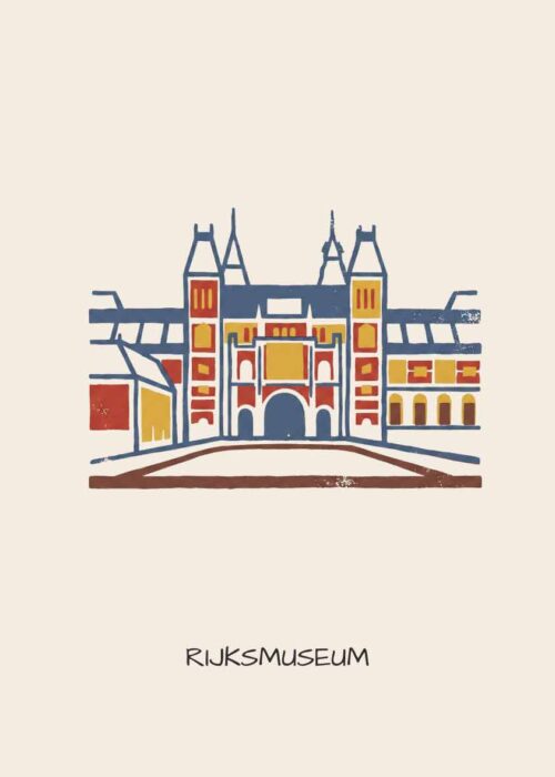 Rijksmuseum in Amsterdam als handgetekende poster in linosnede-stijl