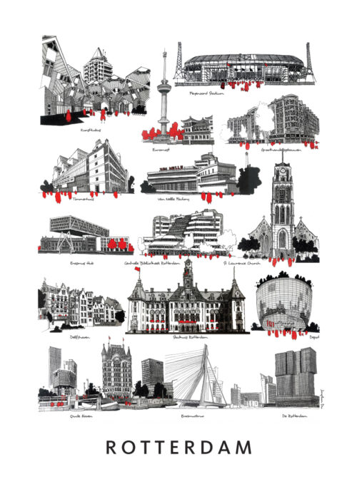 Stadsschets van Rotterdam lijntekening print