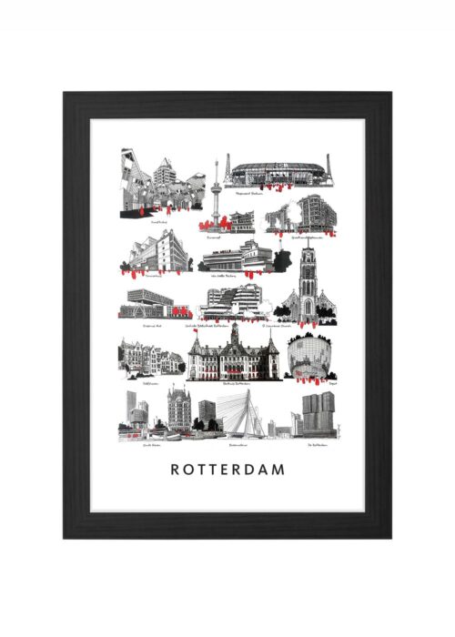 stadsschets van rotterdam lijntekening poster ingelijst in zwarte lijst