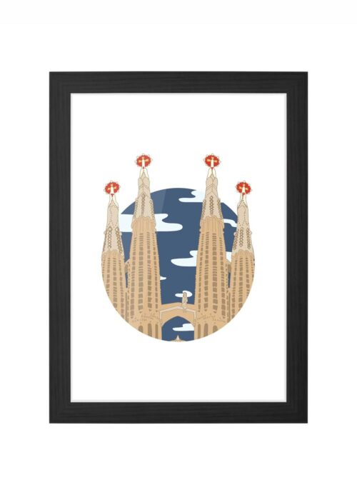 sagrada família icoon print poster ingelijst in zwarte lijst