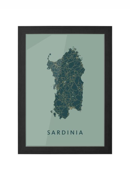 Sardinia Eilandkaart Poster ingelijst in zwarte lijst