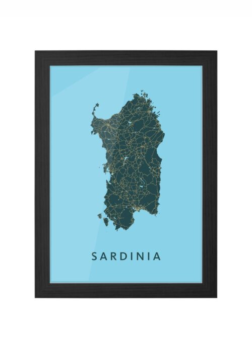 Sardinia eilandkaart Plattegrond Poster Azure ingelijst in zwarte lijst