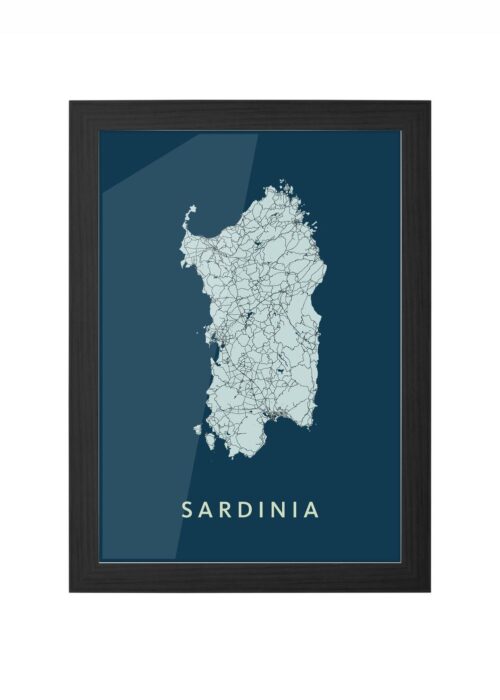 Sardinia eilandkaart Plattegrond Poster Navy ingelijst in zwarte lijst