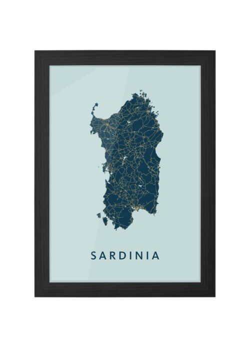 Sardinia eilandkaart Plattegrond Poster Prussian ingelijst in zwarte lijst