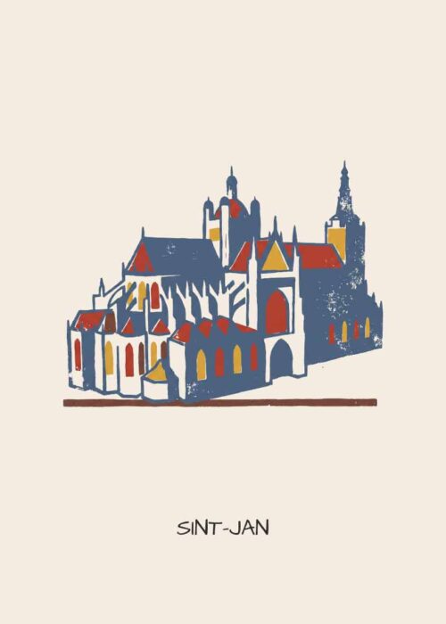 Sint-Janskathedraal in Den Bosch als handgetekende poster in linosnede-stijl