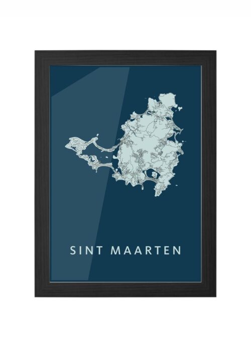 Sint Maarten Landkaart Navy ingelijst in zwarte lijst