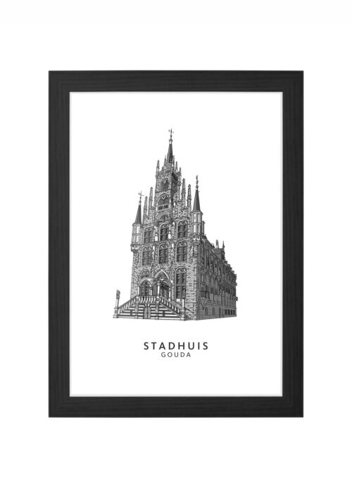 stadhuis gouda lijntekening poster ingelijst in zwarte lijst