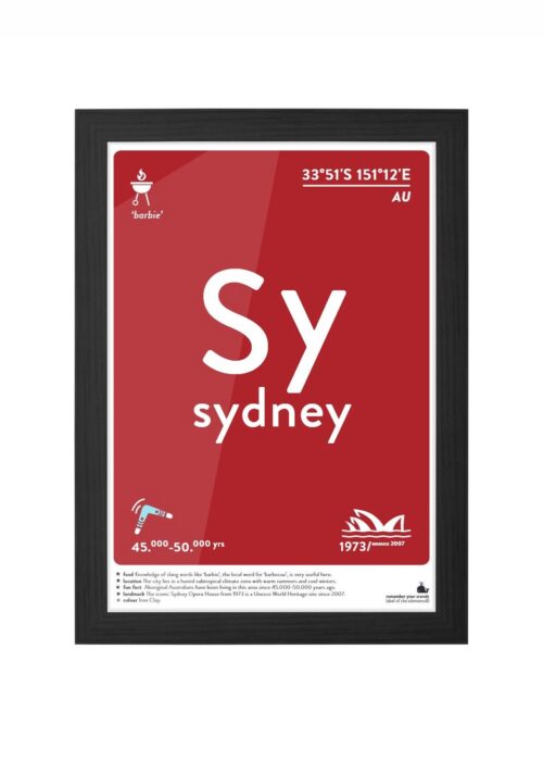 sydney typografie poster ingelijst in zwarte lijst
