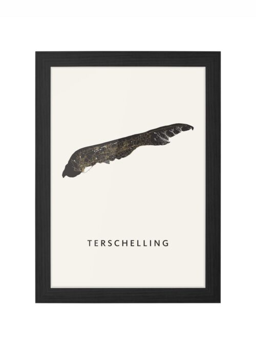 Terschelling Eilandkaart - Khaki ingelijst in zwarte lijst