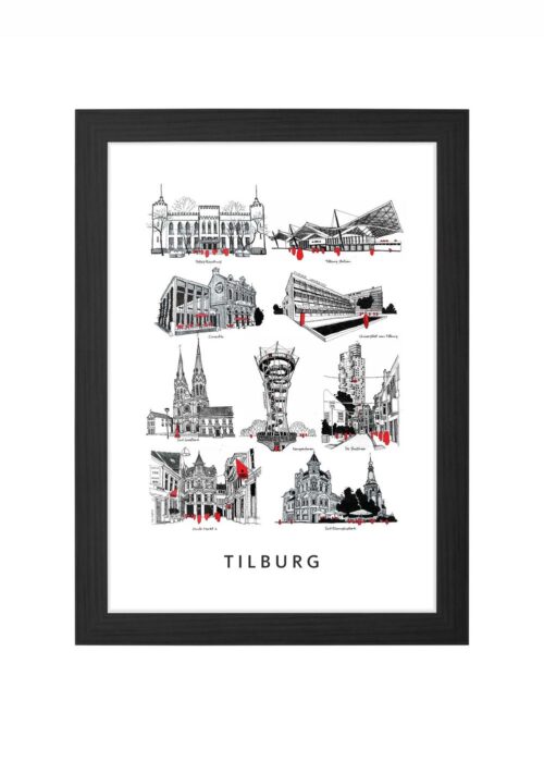 stadsschets van tilburg lijntekening poster ingelijst in zwarte lijst