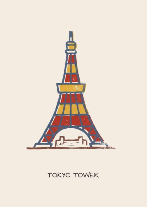 Tokyo Tower in Tokio als handgetekende poster in linosnede-stijl