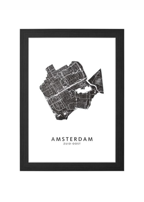amsterdam-zuidoost wijkkaart amsterdam poster ingelijst in zwarte lijst