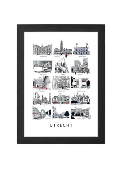 stadsschets van utrecht lijntekening poster ingelijst in zwarte lijst